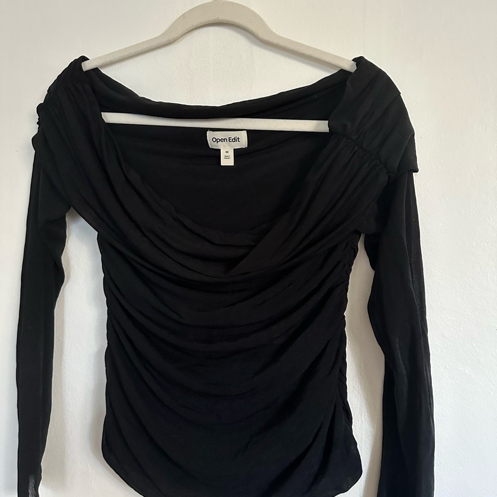 Black Draped Long-Sleeve Top